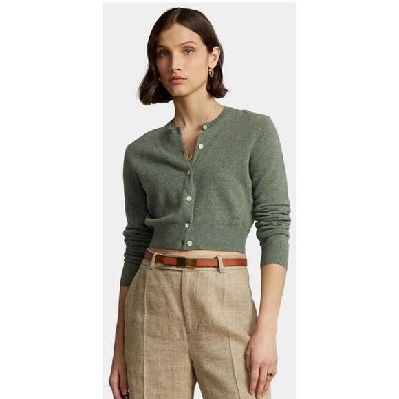 Polo Ralph Lauren Sz M Green/Gray Cropped Crewneck Cardigan Cashmere Sweater - Picture 9 of 13